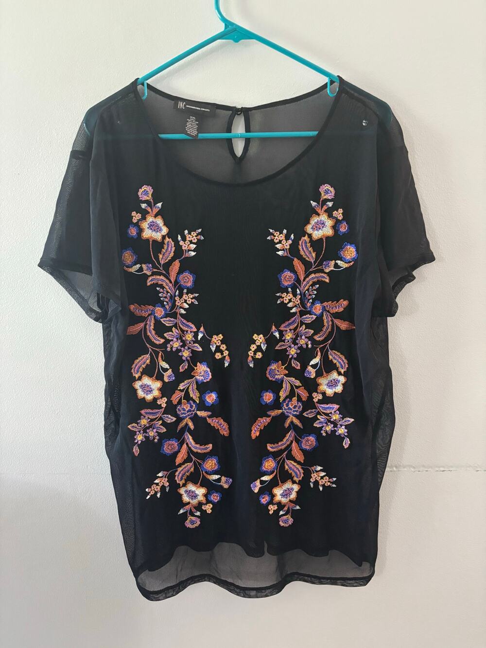 INC International Concepts Womens Sheer Embroidered Top Size XXL Black Y2K Fairy